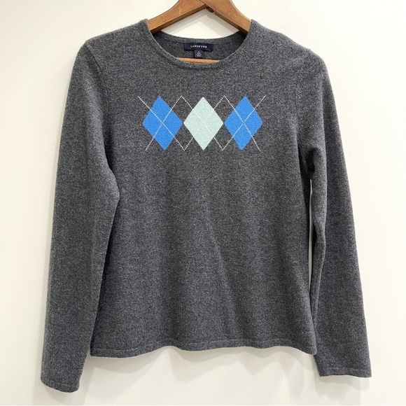 Lands' End Sweaters - Lands End Argyle 100% Cashmere Crew Neck Women’s Sweater Gray Blue M 10-12